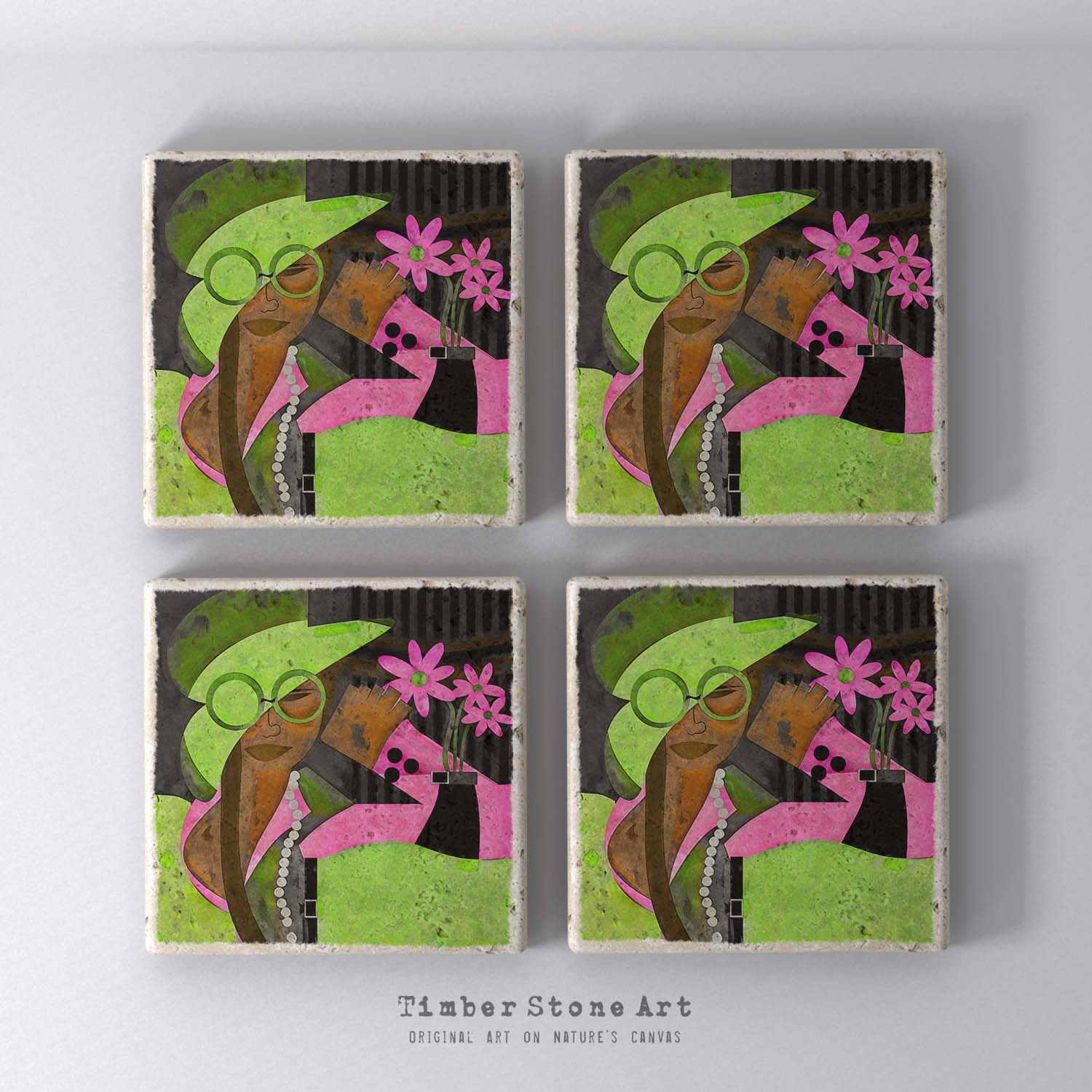 Pink & Green Sophisticate - Set Of 4 Natural Stone Coasters