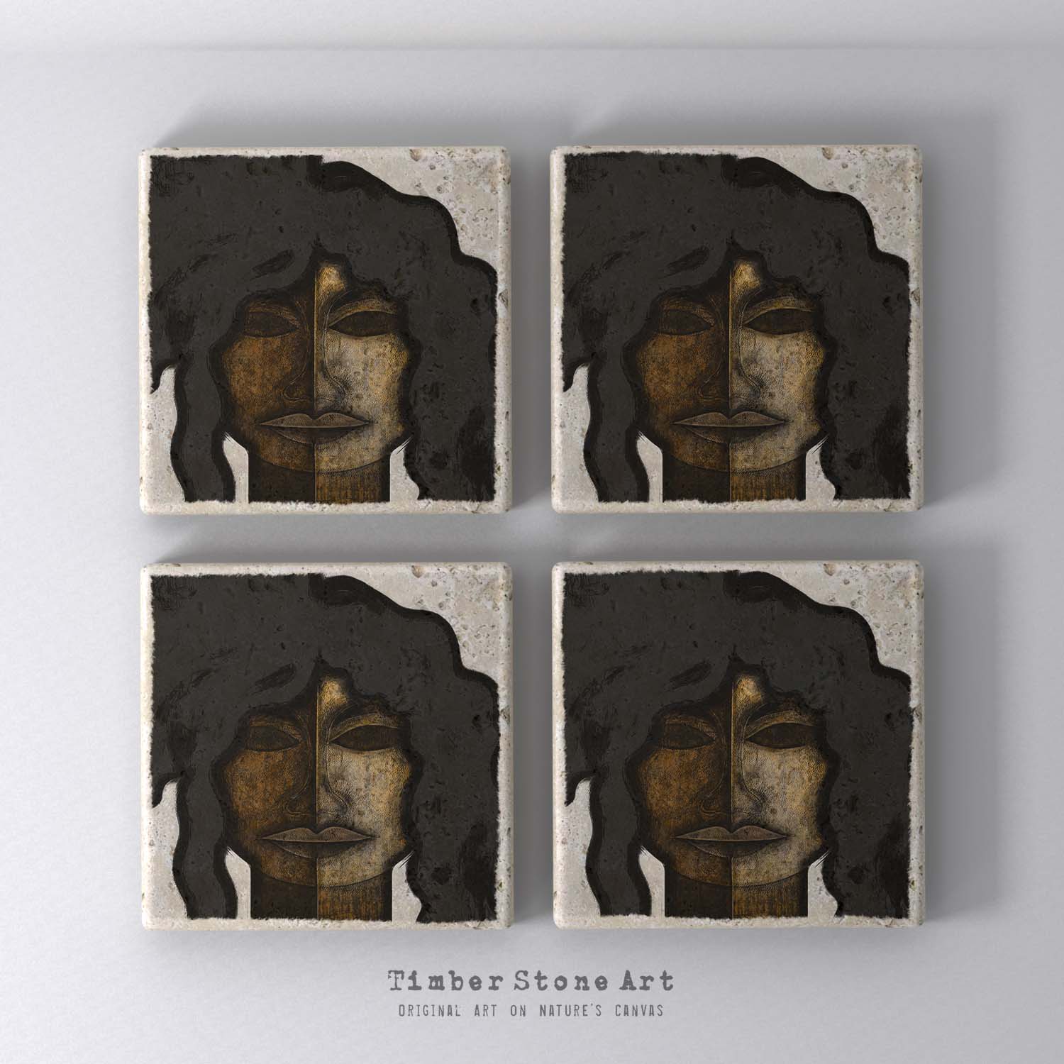 FemaleHead_33 - Set Of 4 Natural Stone Coasters